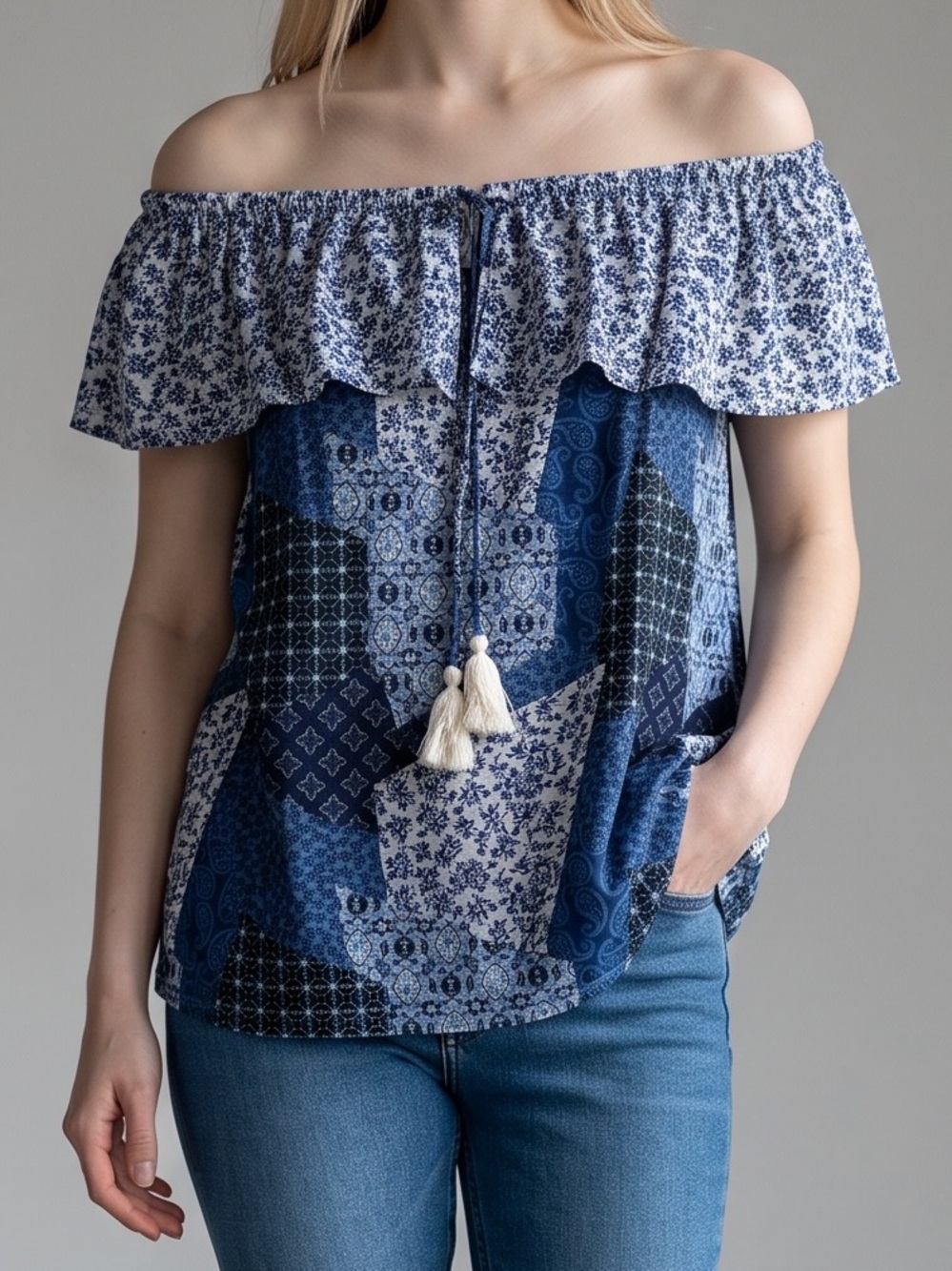 Women’s Off-Shoulder Patchwork Floral Blouse in Blue